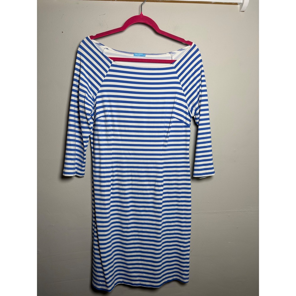 J.McLaughlin Blue Striped Sheath Dress Nautical Coastal Preppy M